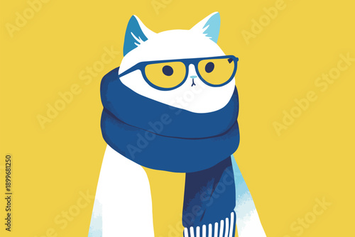 A cat with white fur wears large glasses and a blue scarf. It stands against a bright yellow background. The design is playful and colorful. The focus is on the cat's face and accessories.