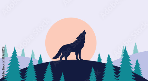 Silhouette of a wolf howling at the full moon in a forest landscape.