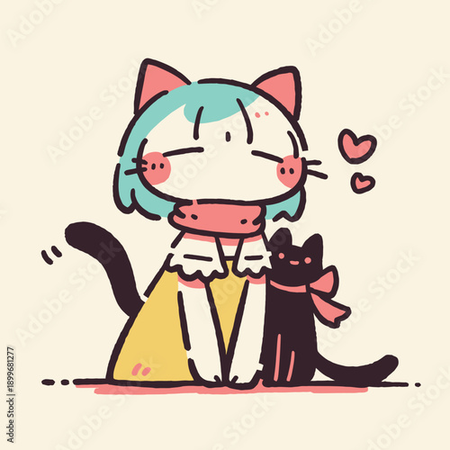 A girl with blue hair sits on the floor next to a black cat. They show affection towards each other. Hearts appear around them, creating a warm feeling. This happens indoors with simple details.