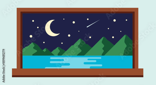 Night sky with stars and moon viewed through a window over water and mountains.
