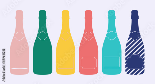 Colorful illustration of six champagne bottles in a row.