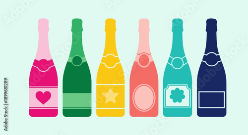 Colorful champagne bottles with various designs.