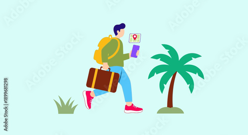 Cartoon traveler with luggage and map walking towards a palm tree.