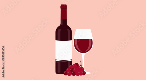A bottle of red wine with a glass and fresh raspberries.