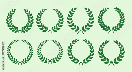 Collection of green laurel wreath illustrations on light green background.