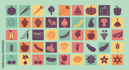 Assorted Fruits and Vegetables Icons Set.
