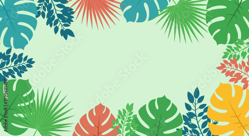 Colorful tropical leaves border frame with empty space.