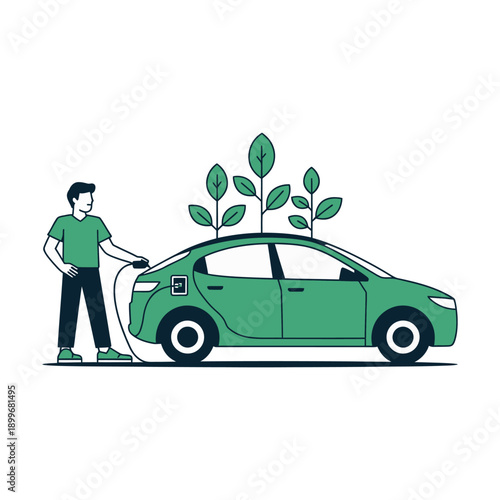 A man charges an electric car with green plants growing out of it
