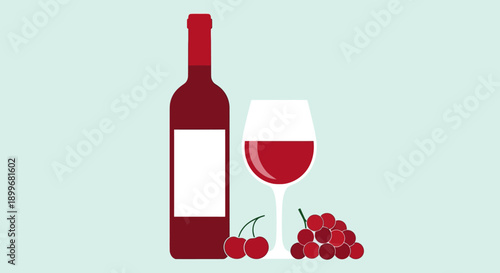 Red wine bottle and glass with cherries on a light background.
