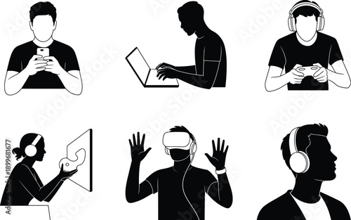 Black and white vector line icon set of people using smartphone laptop gaming controller and virtual reality headset for digital lifestyle and tech branding