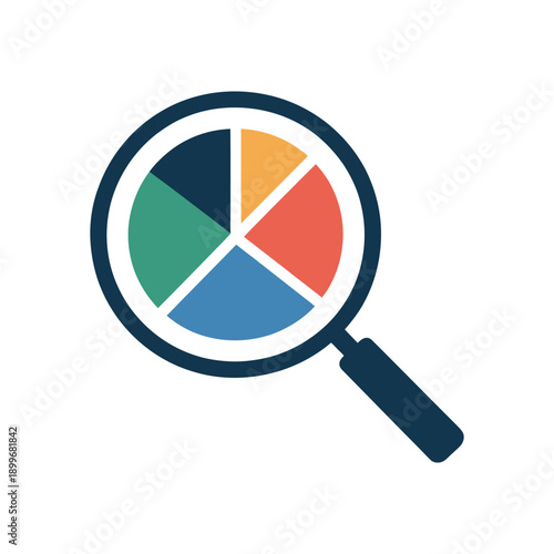 A magnifying glass with a pie chart inside for data analysis and research