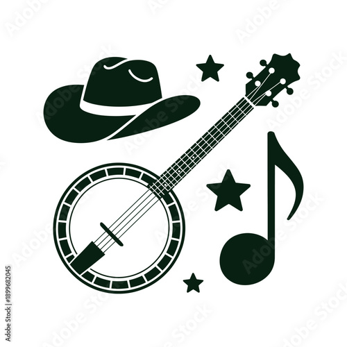 A black and white illustration of a banjo, cowboy hat, and music notes.