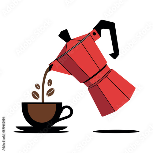 A red coffee pot pouring coffee into a black cup and saucer