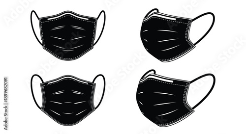 Four black face masks displayed against a white background silhouette