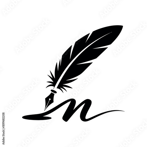 A stylized black feather pen writing on a white background
