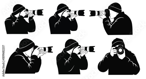Six repeating images of a photographer using a camera silhouette