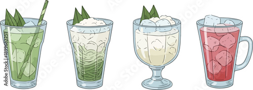 Ramadan Cold Drink Set with Traditional Iced Syrup Coconut Milk and Pandan Beverages for Iftar Break Fasting Vector Illustration