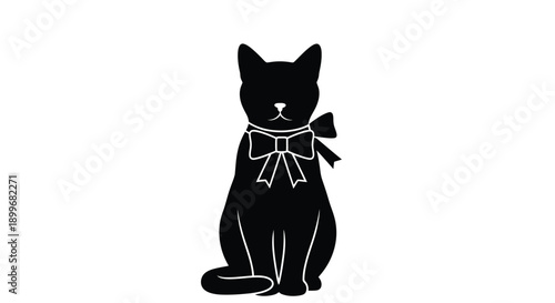 A black cat wearing a bow tie presented as a silhouette