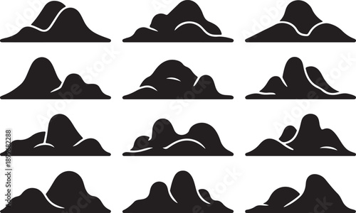 Collection of black silhouette mountain range icons with white highlights