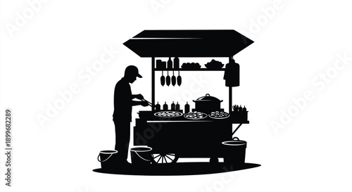 Street food vendor preparing meals at a stall black silhouette