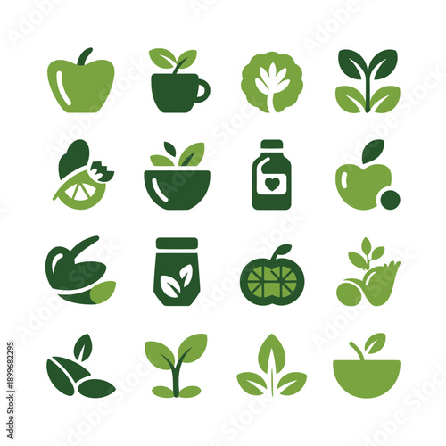 A collection of green icons representing healthy eating and nutrition concepts