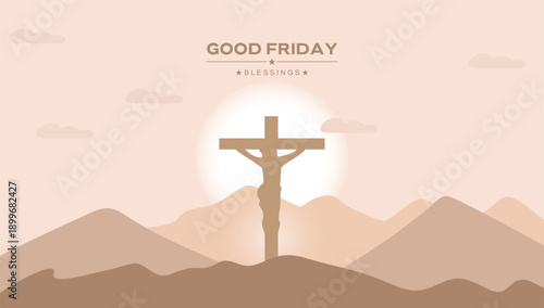 Good friday orange banner with three wood cross on the hills mountain with cloud sunset sky vector illustration