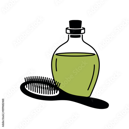 A simple illustration of a hairbrush and a bottle of oil