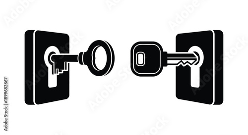 Two black keys with distinct shapes and keyholes a graphic silhouette