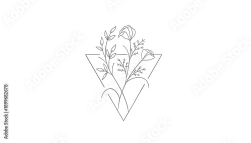 Minimalist line art floral logo with triangle frame, for branding or marketing materials, isolated on transparent background, png