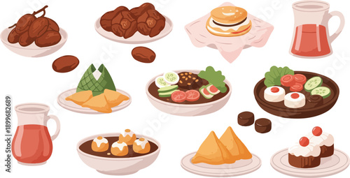 Traditional Ramadan Iftar Food Set with Ketupat Samosa Dates and Sweet Takjil Snacks for Islamic Fasting Celebration Vector Illustration