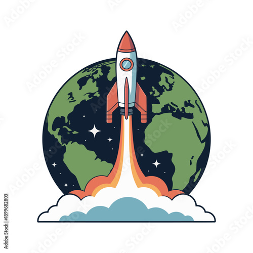A cartoon rocket ship blasting off into space from behind the Earth
