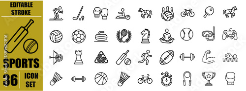 Sports Line Icons Set for Ball, Bat, Racket, Whistle, Trophy, Jersey, Goal, Helmet, Court and Fitness Equipment – Editable Stroke Vector Symbols for Infographics, Sports Apps, Training, Tournaments, G