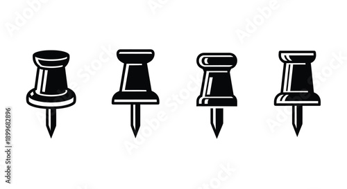 Four black push pins arranged in a row minimalist silhouette