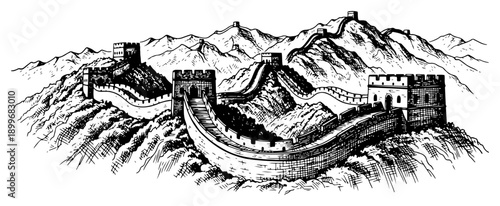 Great wall of china winding through mountains ink style illustration