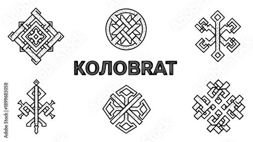 Collection of Slavic pagan symbols and Kolovrat sun wheel in hand drawn woodcut style