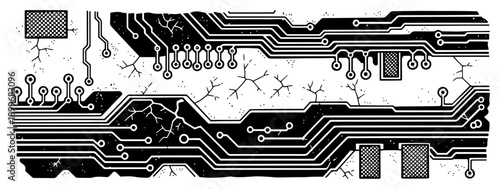 Futuristic electronic circuit board pattern with technical lines and microchip details in schematic style