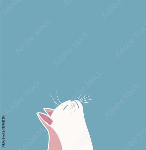 A cat is sitting and looking up, its mouth open as if it is curious. The background is blue, creating a clean and simple look. The cat has a light color and distinct features.