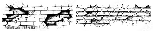 Horizontal hand drawn sketch of old cracked brick wall texture
