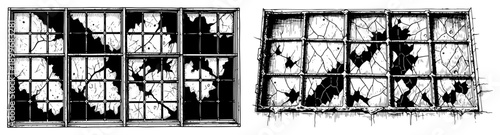 Detailed drawing of smashed window frames with shattered glass shards