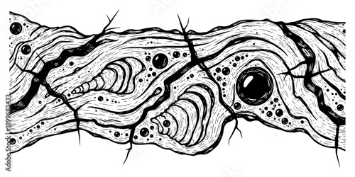 Surreal hand drawn organic pattern with flowing lines and circular shapes in vintage woodcut engraving style