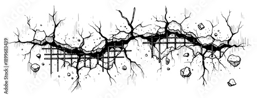Detailed hand drawn sketch of a large crack in concrete wall with exposed steel reinforcement