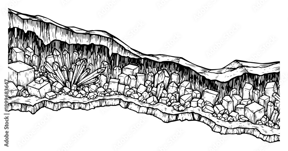 Obraz premium Detailed hand drawn underground cave scene with large geometric crystal formations and minerals