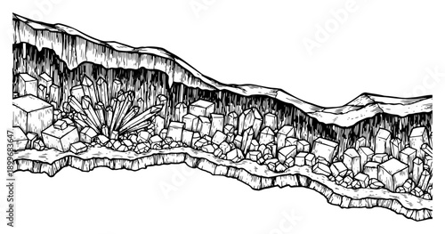 Detailed hand drawn underground cave scene with large geometric crystal formations and minerals