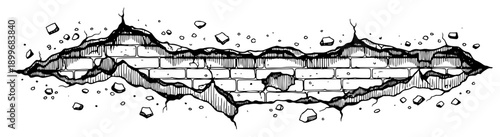 Detailed woodcut illustration of a broken brick wall with a large jagged hole and scattered debris