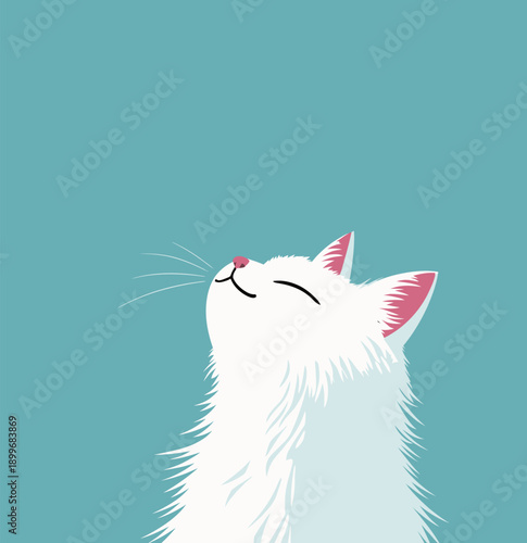 A white cat looks upward with closed eyes and a happy expression. The background is a solid blue shade. The cat's fur appears fluffy and well-defined.