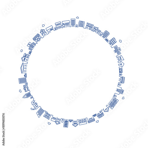 線画の円形に並ぶ街並みのイラスト　街・建物・背景素材