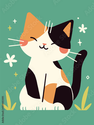 A calico cat is sitting on a green background. It has orange, black, and white fur. The cat's eyes are closed, and it looks happy. Small flowers and sparkles surround it.