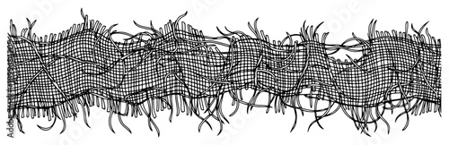 Hand drawn sketch of rough frayed burlap fabric texture with loose threads