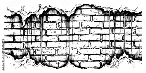 Detailed woodcut engraving of a brick wall with crumbling plaster and dripping textures