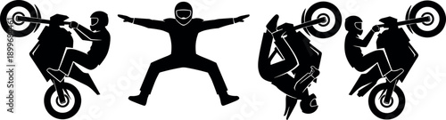 Action Motocross Freestyle Stunt Silhouette Set with Biker Performing Wheelie Backflip and Mid-Air Jump Tricks for Extreme Sports Graphics Design